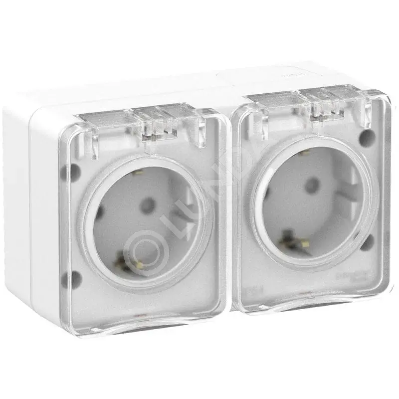 Розетка 2-м ОП AtlasDesign Profi54 16А IP54 250В с заземл. защ. шторки бел., Systeme Electric ATN540126