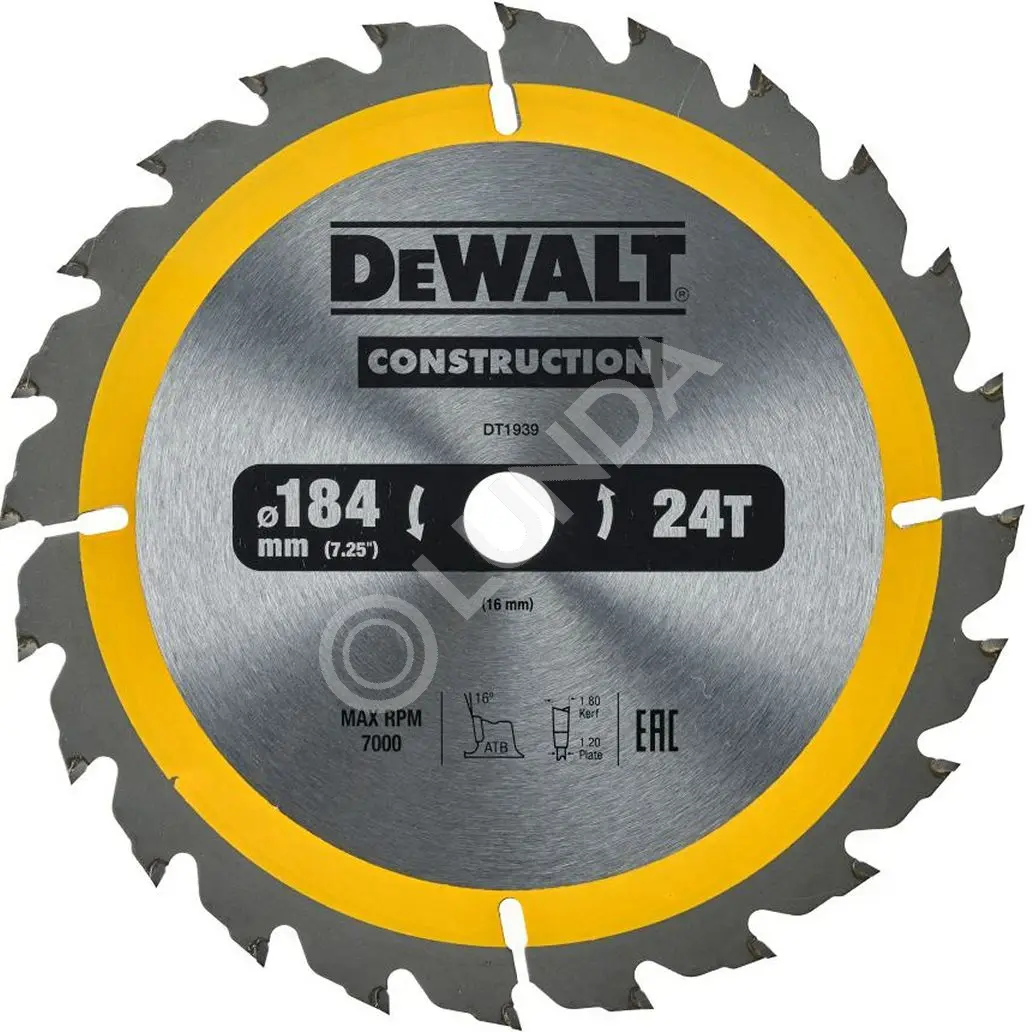 Диск пильный DeWalt DT1939-QZ, 184х16мм, 24 зуба, сталь/твердый сплав, дерево/пластик, поперечный/продольный, DeWalt DT1939-QZ