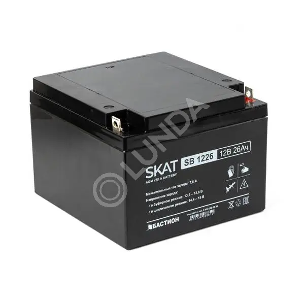 Аккумулятор герметичный свинцово-кислотный SB 1226 тип AGM 12V 26Ач Iзар.7,8А, клеммы под болт М5, SKAT 2537