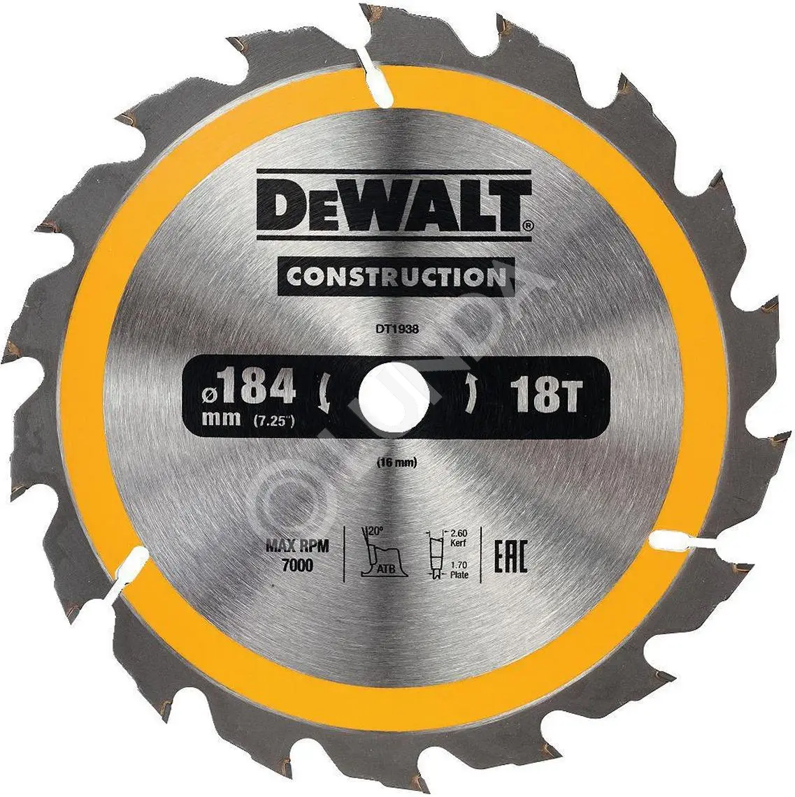 Диск пильный DeWalt DT1938-QZ, 184х16мм, 18 зубьев, сталь/твердый сплав, дерево/пластик, поперечный/продольный, DeWalt DT1938-QZ