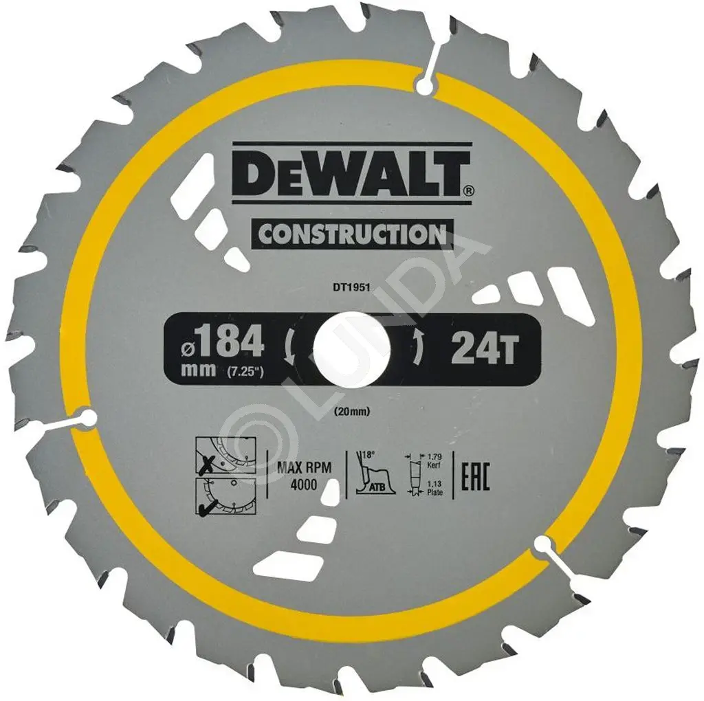 Диск пильный DeWalt DT1951-QZ, 184х20мм, 24 зуба, сталь/твердый сплав, дерево/пластик, быстрый/чистый рез, DeWalt DT1951-QZ