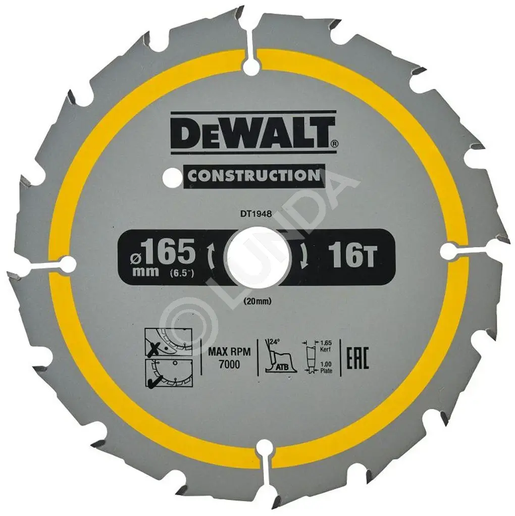 Диск пильный DeWalt DT1948-QZ, 165х20мм, 16 зубьев, сталь/твердый сплав, дерево/пластик, быстрый/чистый рез, DeWalt DT1948-QZ
