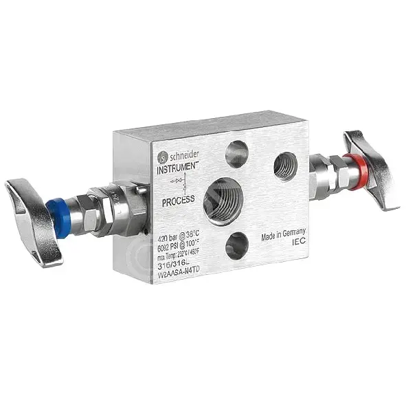 Блок 2-хвентильный для маном., Ру 420 бар, Ду 1/2" ВР х стандарт А IEC 61518, дренаж 1/4" ВР с заглушкой, нерж. сталь, Schneider AS W2AASA-N4TD-A