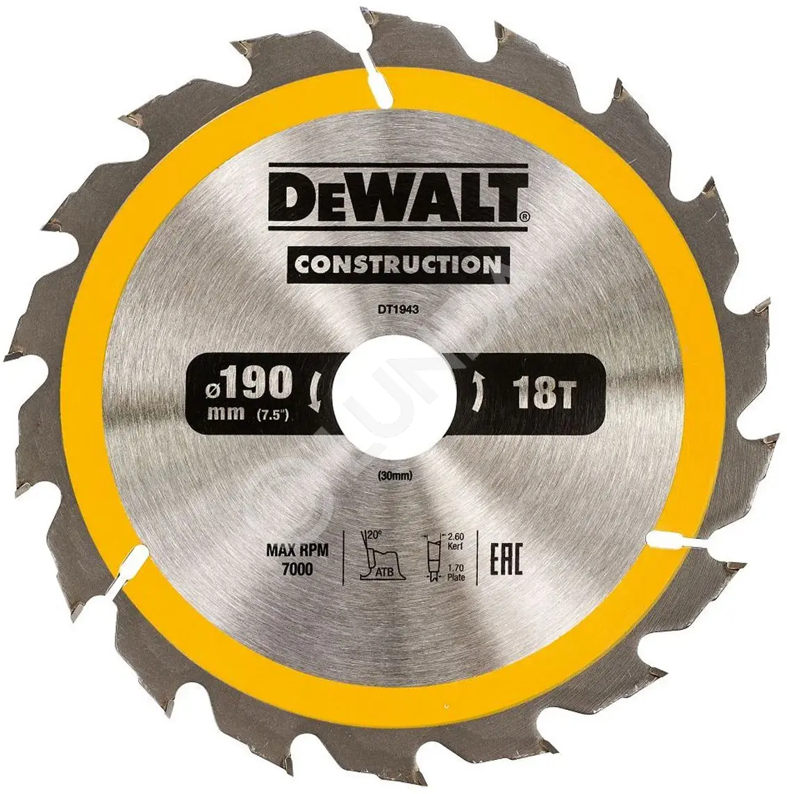Диск пильный DeWalt DT1943-QZ, 190х30мм, 18 зубьев, сталь/твердый сплав, дерево/пластик, быстрый/чистый рез, DeWalt DT1943-QZ