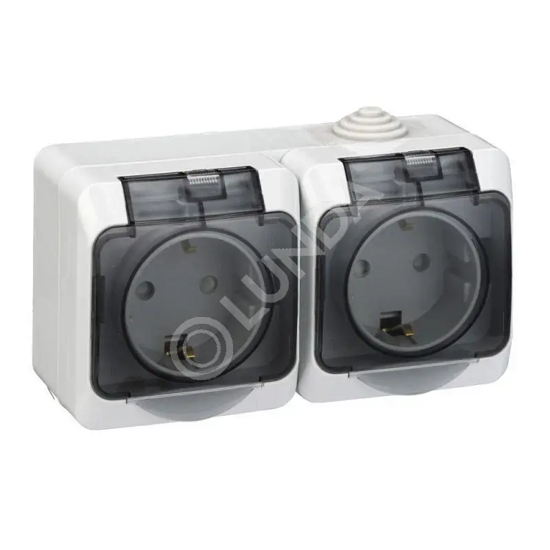 Розетка 2-м ОП Этюд 16А IP44 250В с заземл. защ. шторки с крышкой сер., Systeme Electric PA16-244C