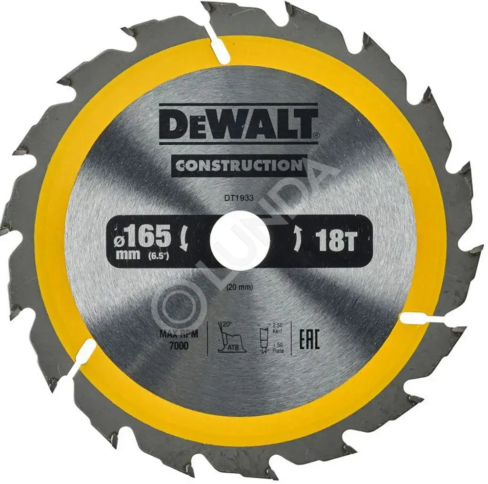 Диск пильный DeWalt DT1933-QZ, 165х20мм, 18 зубьев, сталь/твердый сплав, дерево/пластик, поперечный рез, DeWalt DT1933-QZ
