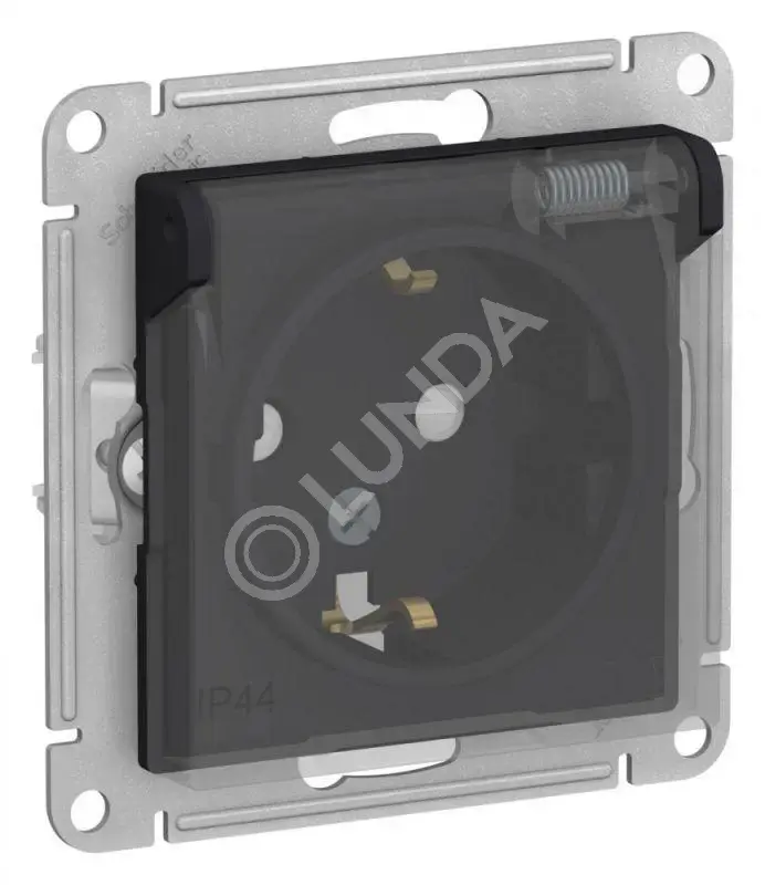 Розетка 1-м СП AtlasDesign Aqua 16А IP44 с заземл. защ. шторки с прозр. крышкой механизм карбон, Systeme Electric ATN441046