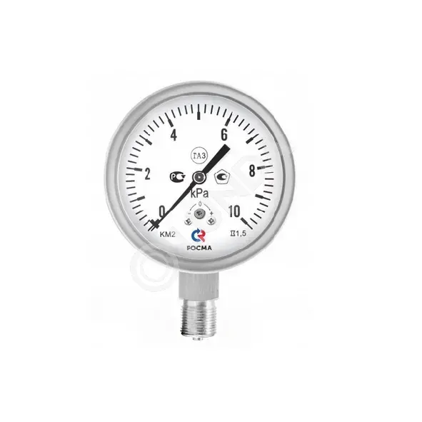Манометр с поверкой коррозионностойкий тип KM-22P, 0...16 кПа, 100 мм, G1/2, (снизу), кл.1,5, корпус-нерж.ст., Росма 00000033240