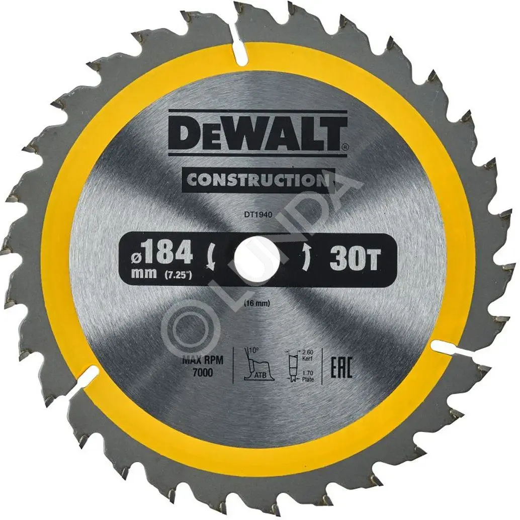 Диск пильный DeWalt DT1940-QZ, 184х16мм, 30 зубьев, сталь/твердый сплав, дерево/пластик, поперечный/продольный, DeWalt DT1940-QZ