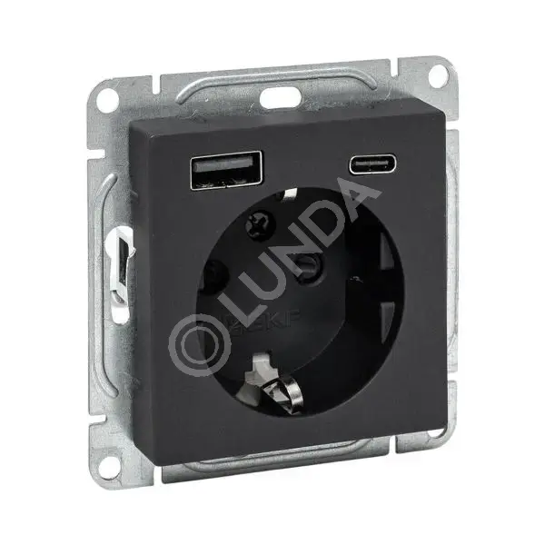 Эпика Механизм розетки с USB-A+С - 2шт, 16А, с заземлением, со шторками, чёрный, EKF UP1-SOB-111-USBA+USBC