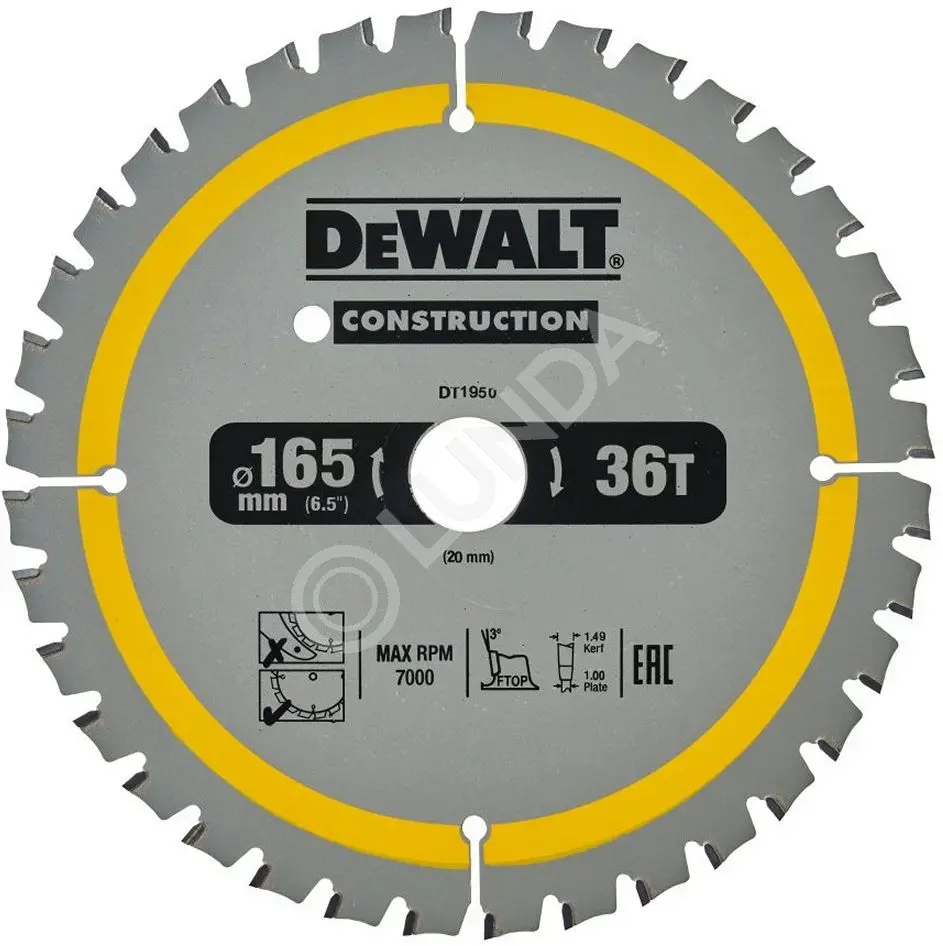 Диск пильный DeWalt DT1950-QZ, 165х20мм, 36 зубьев, сталь/твердый сплав, дерево/пластик, быстрый/чистый рез, DeWalt DT1950-QZ