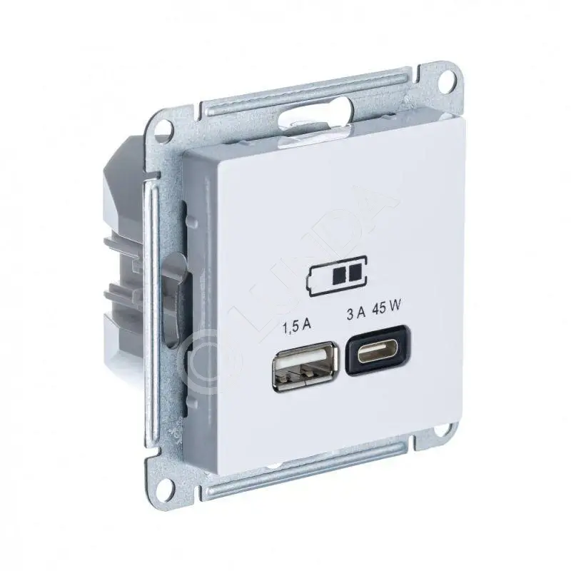 Розетка USB AtlasDesign тип A+C 45Вт QC PD высокоскор. ЗУ механизм бел., Systeme Electric ATN000129