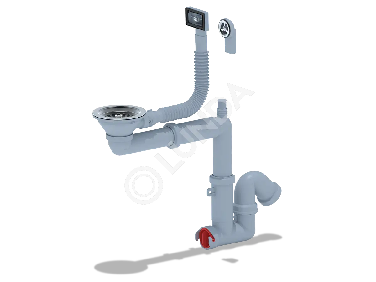 Cифон для мойки F серия 3 1/2″ 40 смещенный с гибким переливом и отводом для стиральной машины, АНИ Пласт F5345S