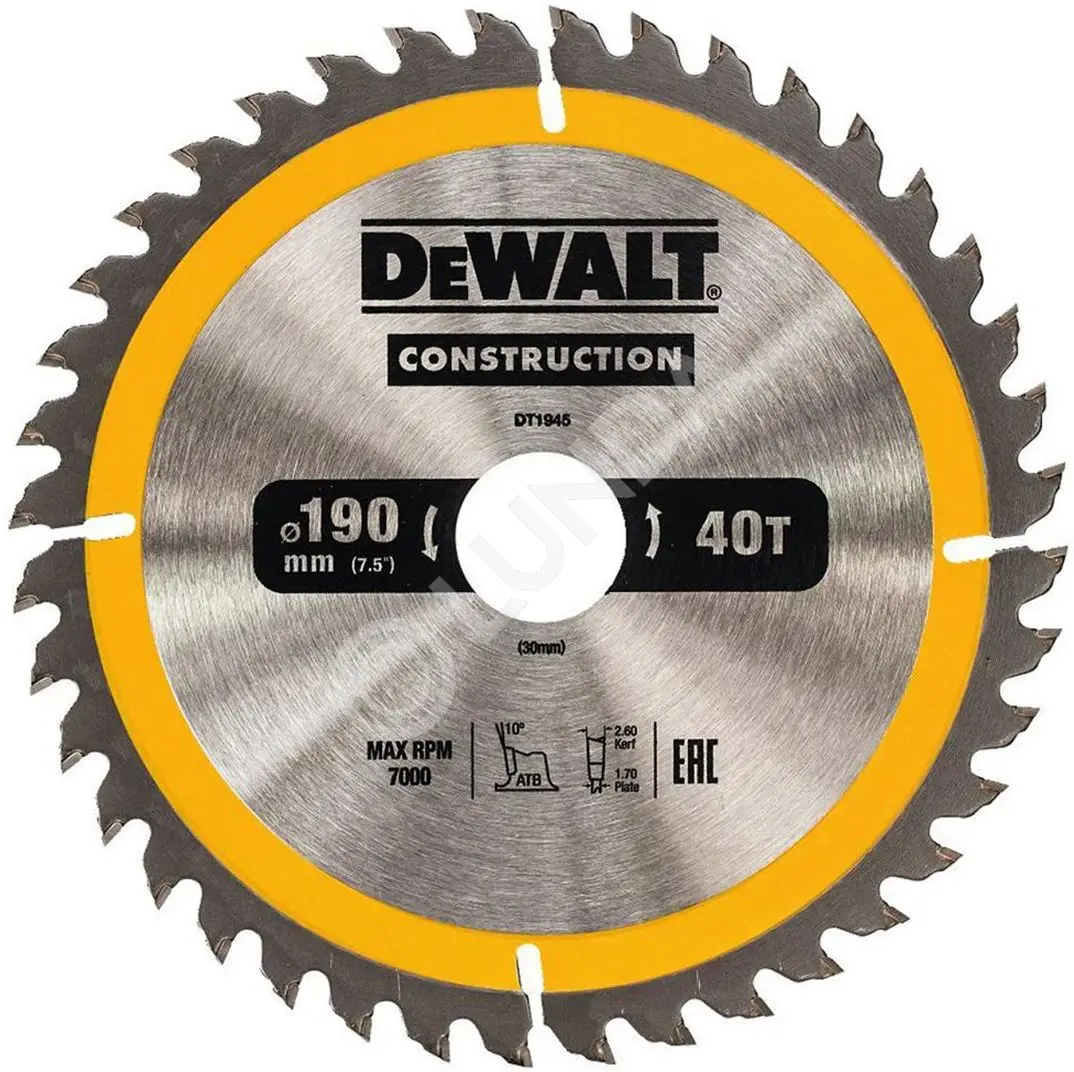 Диск пильный DeWalt DT1945-QZ, 190х30мм, 40 зубьев, сталь/твердый сплав, дерево/пластик, быстрый/чистый рез, DeWalt DT1945-QZ