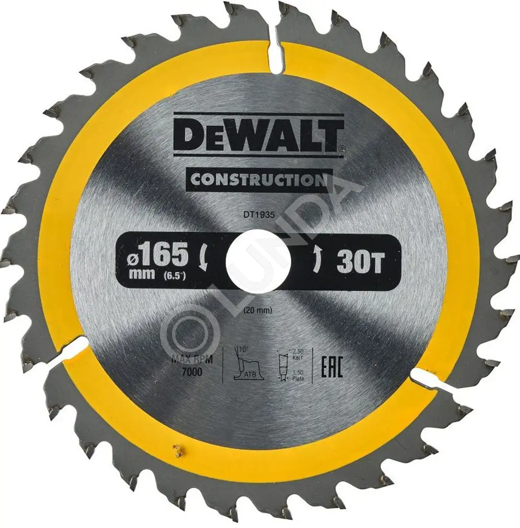 Диск пильный DeWalt DT1935-QZ, 165х20мм, 30 зубьев, сталь/твердый сплав, дерево/пластик, поперечный/чистый рез, DeWalt DT1935-QZ