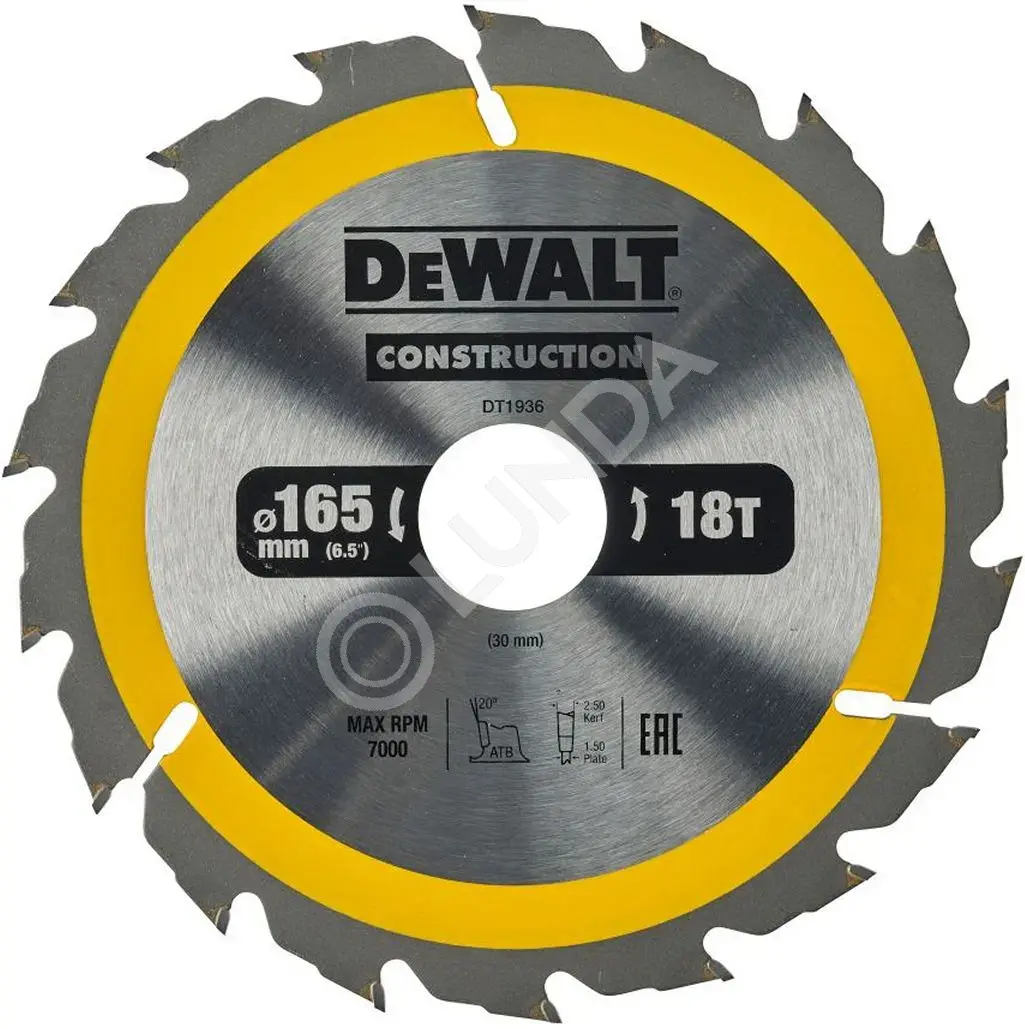 Диск пильный DeWalt DT1936-QZ, 165х30мм, 18 зубьев, сталь/твердый сплав, дерево/пластик, поперечный/чистый рез, DeWalt DT1936-QZ