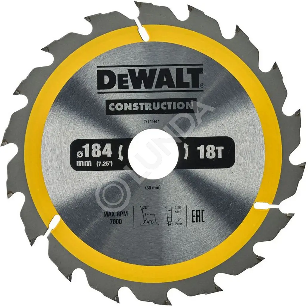 Диск пильный DeWalt DT1941-QZ, 184х30мм, 18 зубьев, сталь/твердый сплав, дерево/пластик, поперечный/продольный, DeWalt DT1941-QZ