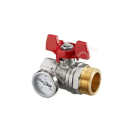 Шаровой кран DN 20 G 3/4 ВР х G 1 НР, плоское уплотнение, с термометром, красный маховик, Oventrop 1406483