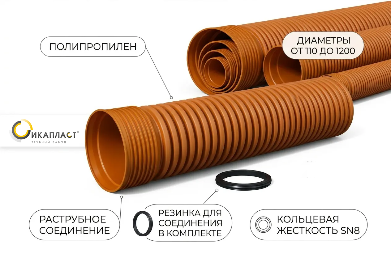 Труба гофрированная канализационная SN8 DN/OD 1000 ПП, 6 м