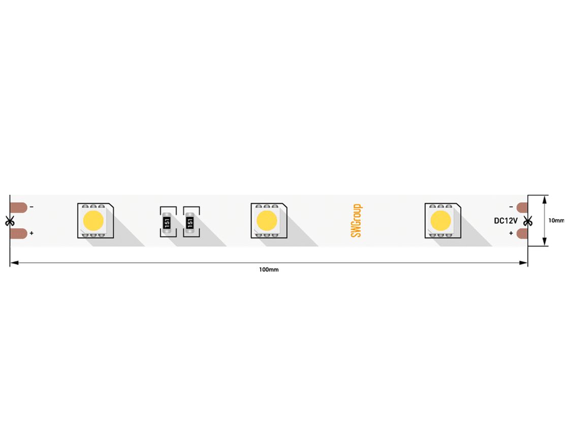 Светодиодная лента 5050, 30 LED/м, 7,2 Вт/м, 12В , IP20, Цвет: Теплый белый, SWG530-12-7.2-WW-M