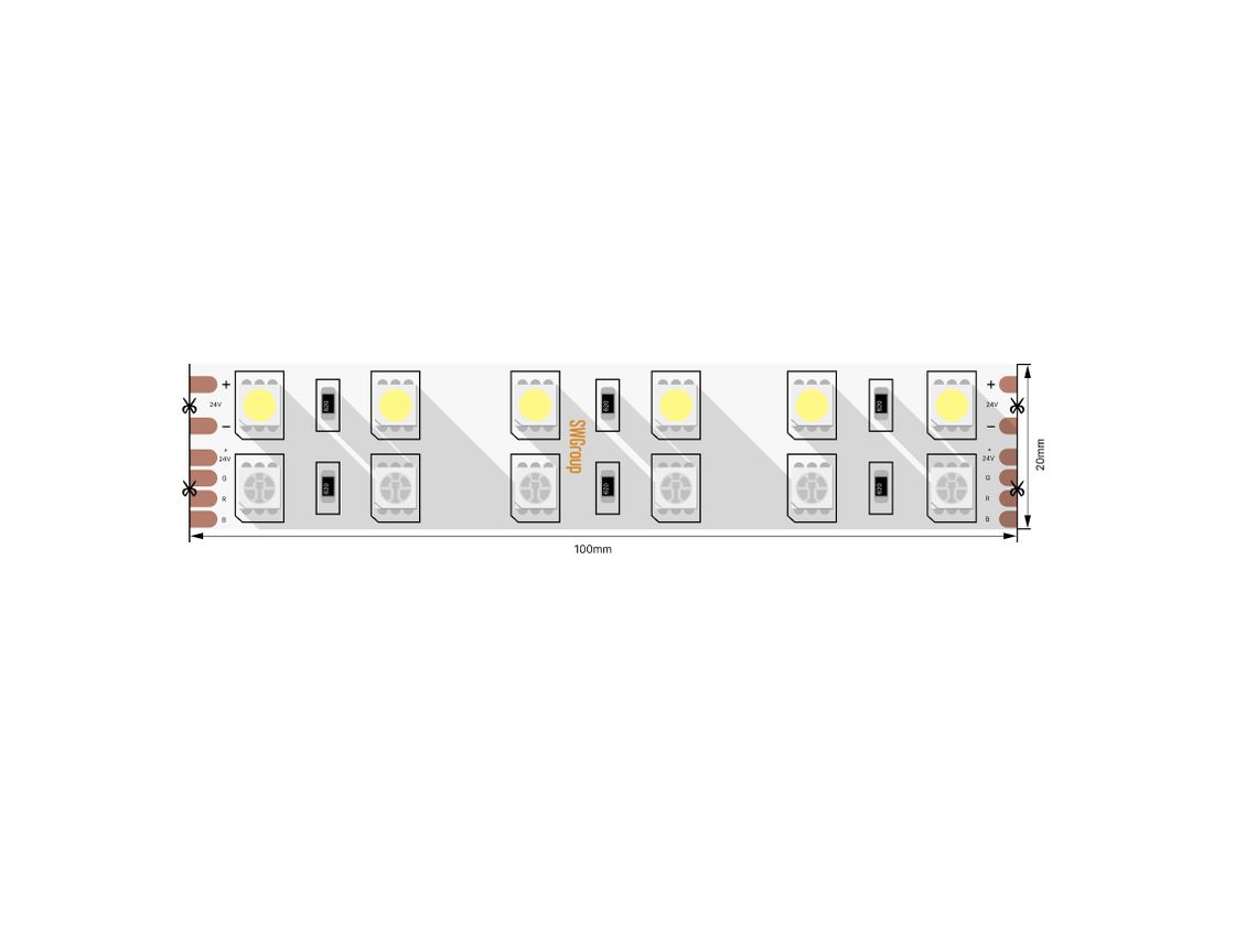 Светодиодная лента 5050, 120 LED/м, 28,8 Вт/м, 24В , IP20, Цвет: RGB + теплый белый, SWG5120-24-28.8-RGBWW-M